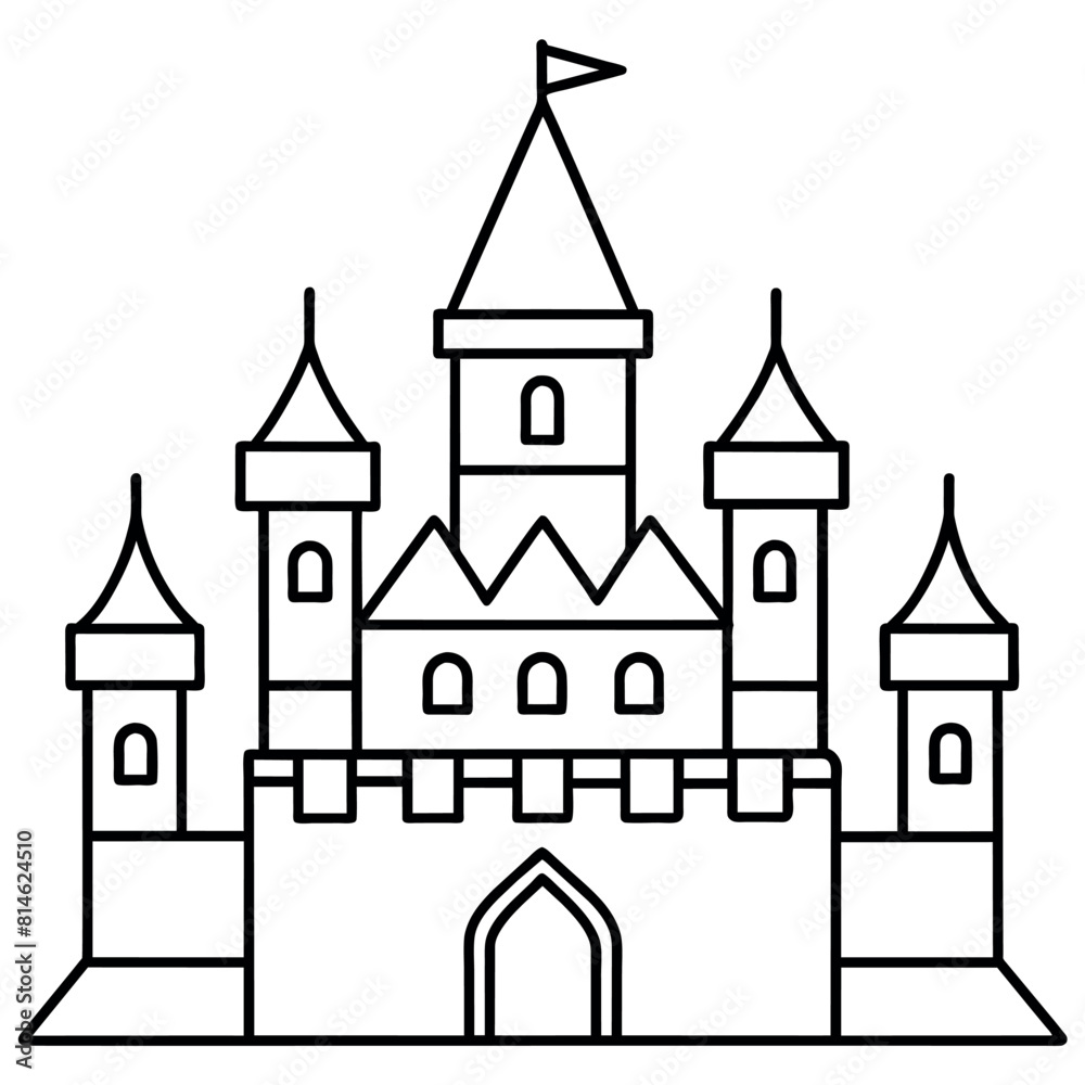 Royal Castle outline coloring book page line art illustration digital drawing