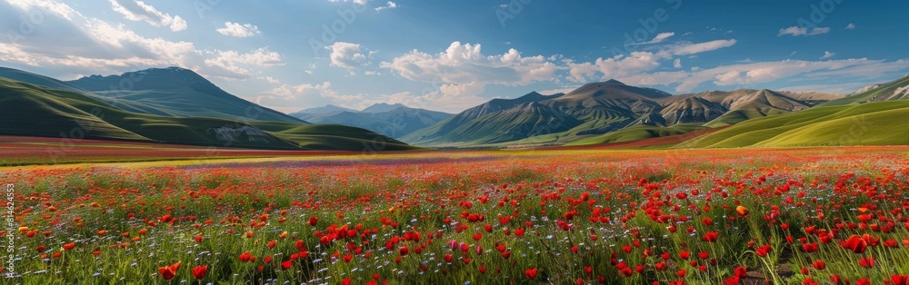 A field full of vibrant red flowers stretches into the distance, with majestic mountains towering in the background under a clear sky. The contrast between the bold red of the flowers and the serene b