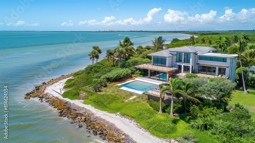 A beautiful beach house with a pool and a view of the ocean © Napat.T