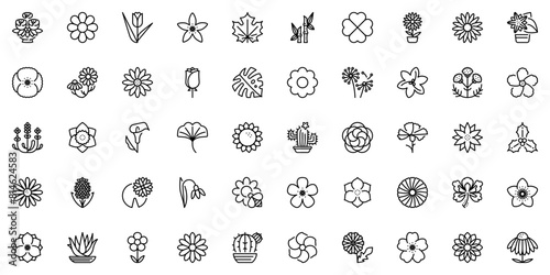 Line icons about flowers and plants as daisy, cactus, tulip, rose and dandelion. Editable stroke and pixel perfect.