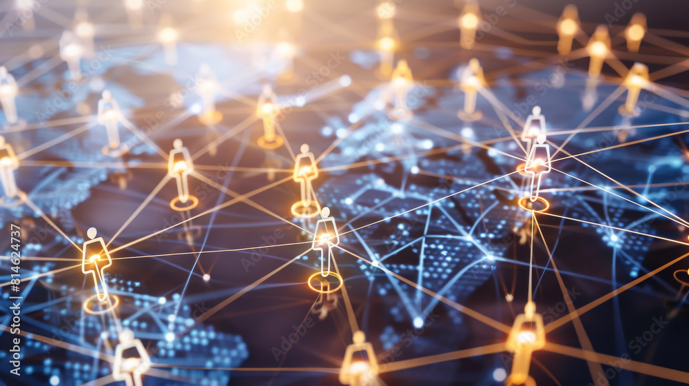 A network of people is shown in a blue and orange color scheme A network of people is shown in a blue and orange color scheme