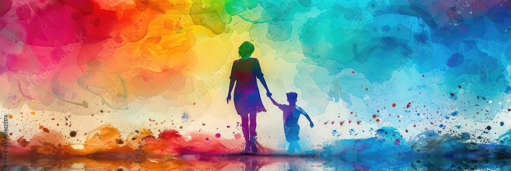 A woman and a child are walking together in a colorful, abstract painting