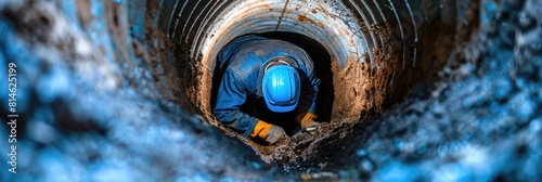 A man in a blue helmet is working in a tunnel