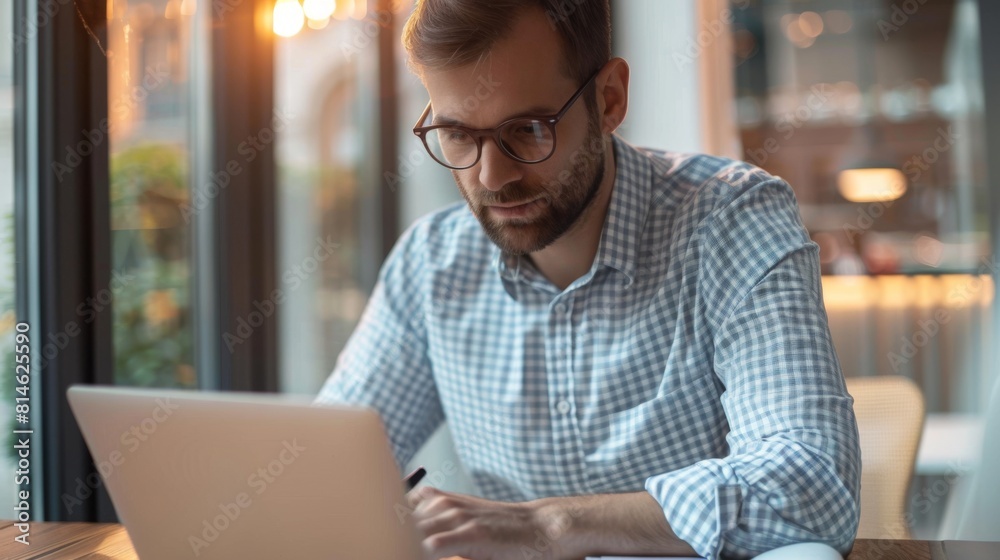 Man Working on Laptop in Cafe Man Working on Laptop in Cafe