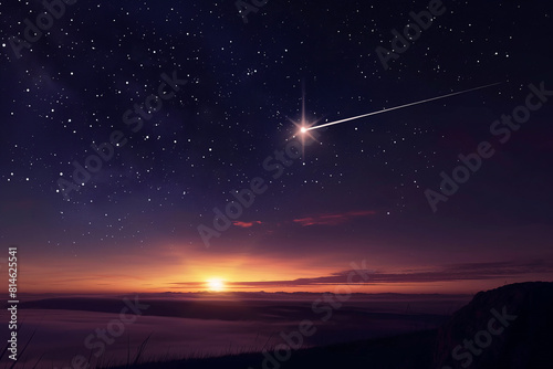 Captivating image of a bright shooting star soaring above a serene landscape under a starry sky at dusk