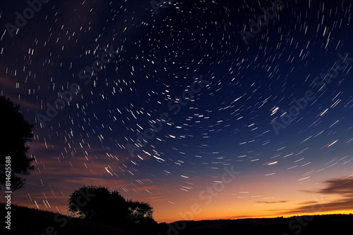 Time-lapse photography captures star trails circling polaris with a radiant shooting star streaking through the night sky