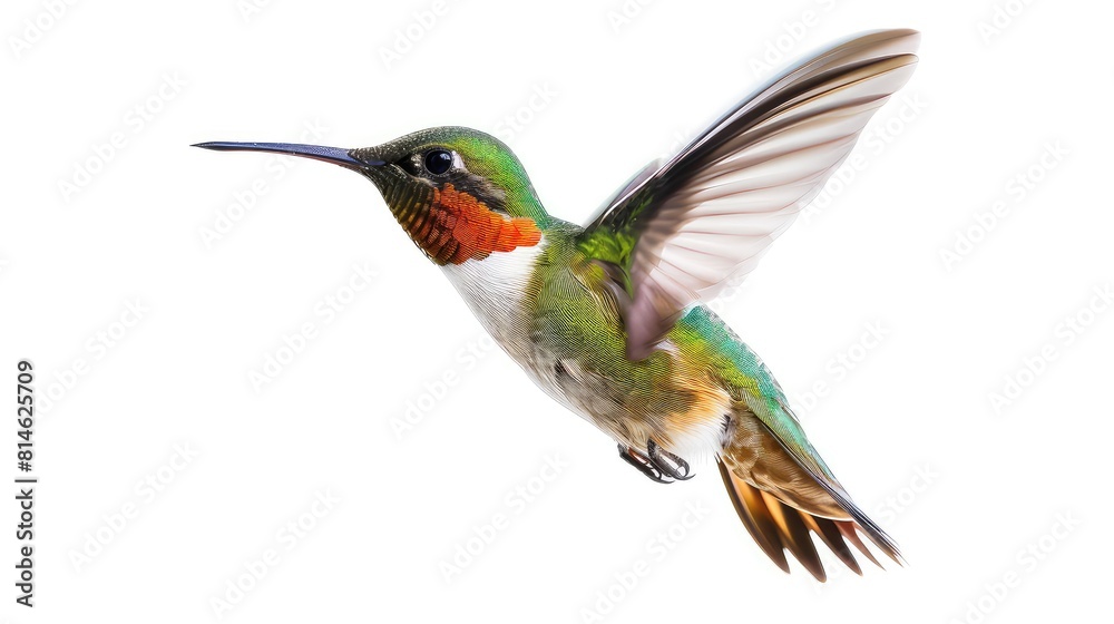 Fototapeta premium A mesmerizing photo showcasing the graceful movement and vibrant colors of a hummingbird in flight, beautifully contrasted against a bright white background.