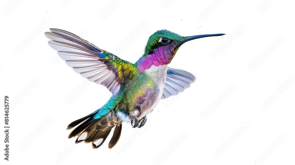 An engaging photo featuring the bright and iridescent plumage of a flying hummingbird against a pure white background, creating a captivating and visually striking image for various design purposes. An engaging photo featuring the bright and iridescent plumage of a flying hummingbird against a pure white background, creating a captivating and visually striking image for various design purposes.