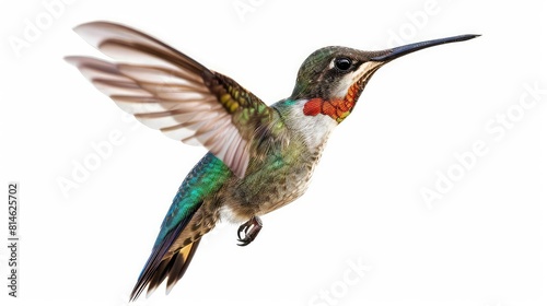 An engaging photo featuring the bright and iridescent plumage of a flying hummingbird against a pure white background, creating a captivating and visually striking image for various design purposes.