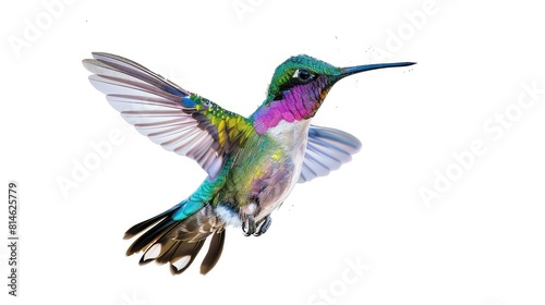 An engaging photo featuring the bright and iridescent plumage of a flying hummingbird against a pure white background  creating a captivating and visually striking image for various design purposes. 