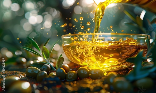 A high-quality generative AI illustration showing a stream of golden olive oil being poured into a glass bowl, surrounded by olives and leaves. Generative AI photo