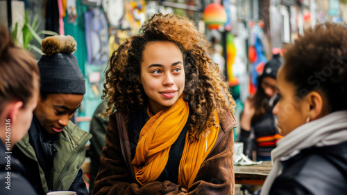 Wallpaper Mural A cheerful young woman enjoying time with friends outdoors, dressed in trendy autumn fashion. Torontodigital.ca