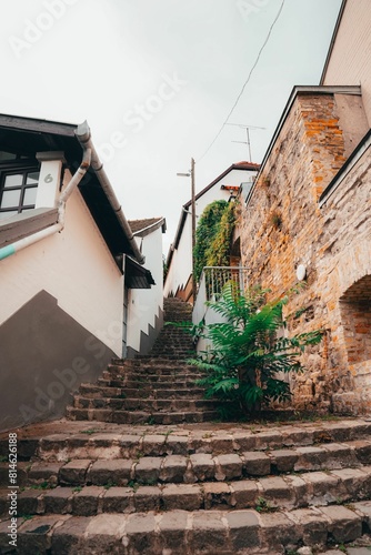 Stone stairway with a wrought iron railing leading up to an outdoor patio area
