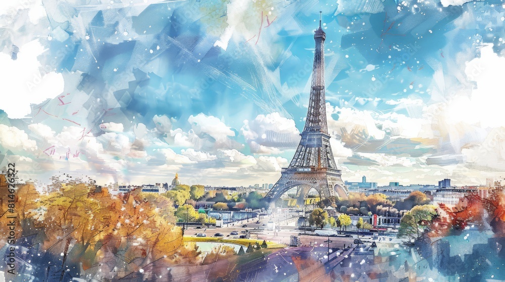 A watercolor painting depicting the iconic Eiffel Tower in Paris. The artwork showcases the intricate architecture and details of the landmark against a colorful background.