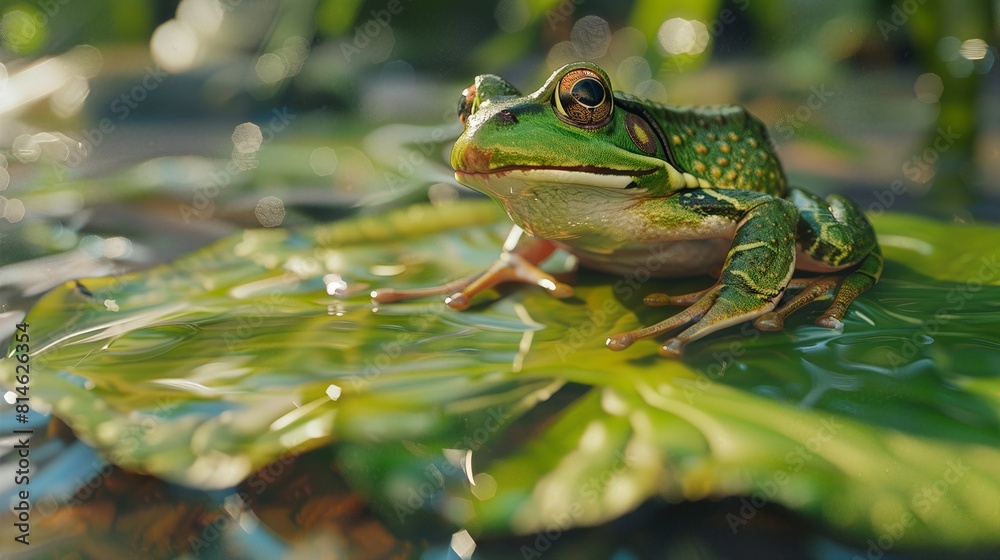 A frog is sitting on a leaf in a pond A frog is sitting on a leaf in a pond