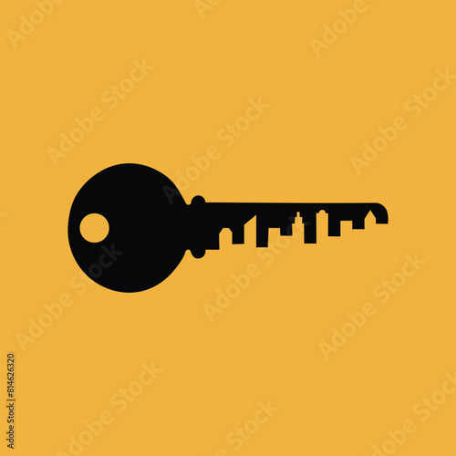 Black silhouette of a key with the city skyline on a vibrant orange background