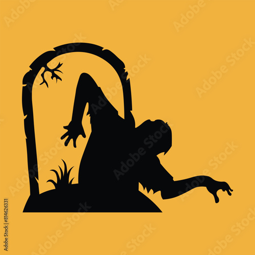 Zombie silhouette with a gravestone in a cemetery. Halloween concept