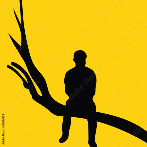 Silhouette of a man sitting atop a tree branch against a backdrop of bright yellow