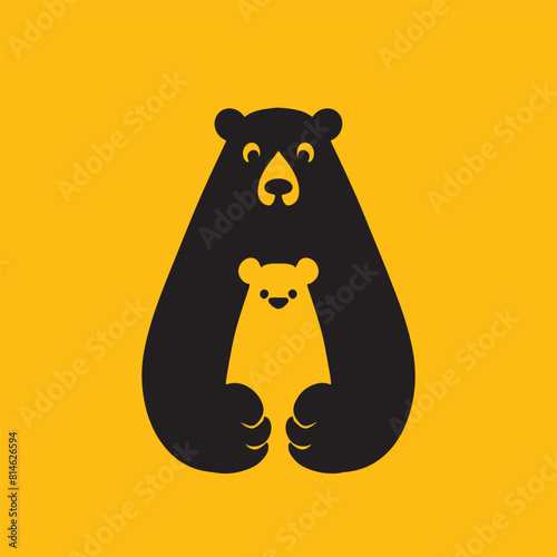 Mother bear and her cub isolated on a vibrant orange background