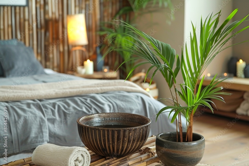 The photo shows a bedroom with a bed, a Bamboo palm plant, and a bowl of water