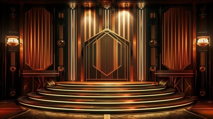 An art deco stage featuring a grand golden staircase as its central design element