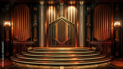 An art deco stage featuring a grand golden staircase as its central design element