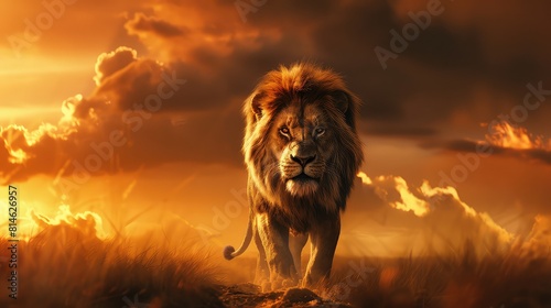 A dynamic image featuring the full length of a lion in magnificent detail  with its impressive stature and striking features showcased against a captivating background  perfect for a breathtaking.
