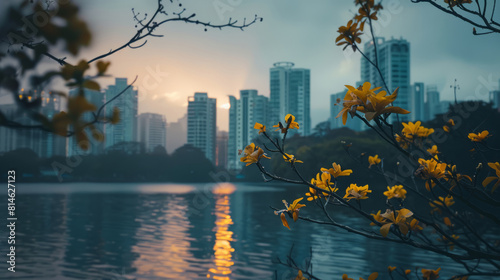 Sunset over city skyline with golden flowers and lake view