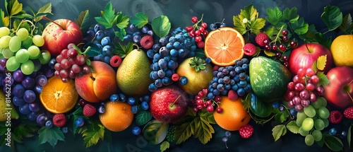 Various fruits neatly arranged in a row on a surface