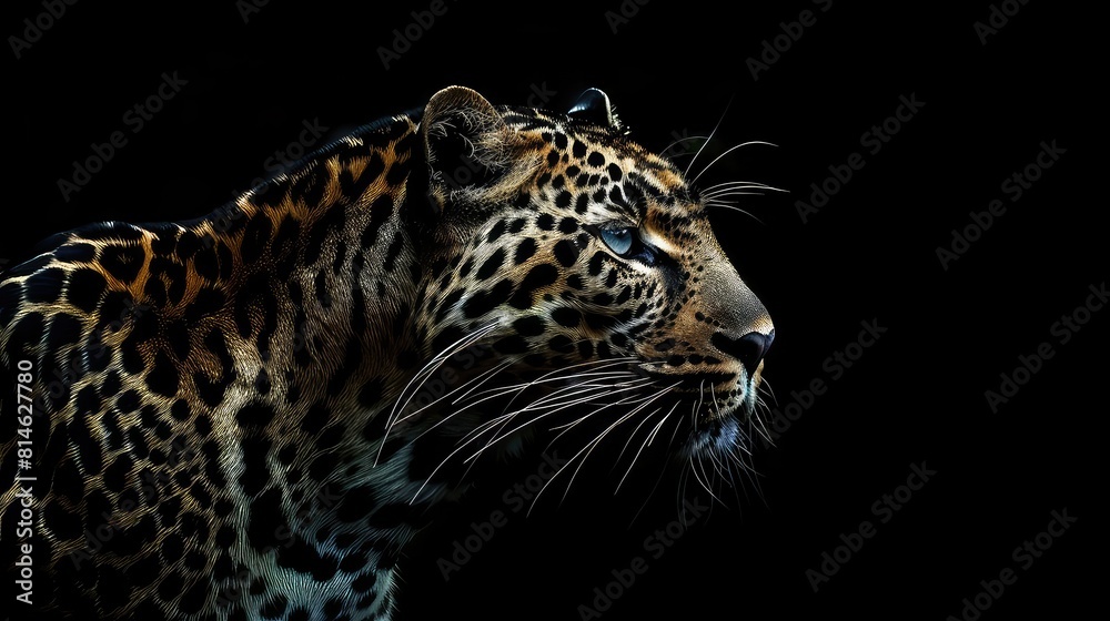 A dynamic image featuring the fierce intensity of a leopard against a rich black background, with its sleek silhouette and piercing eyes creating a dramatic and visually striking 4K wallpaper. 