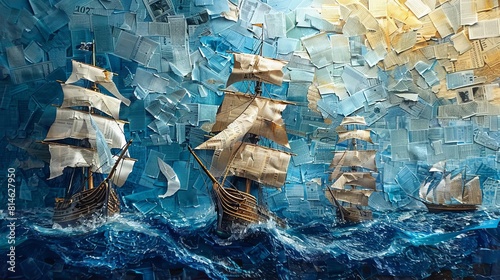 A nautical theme collage, with ships and ocean waves creatively rendered using bluehued newspaper prints photo