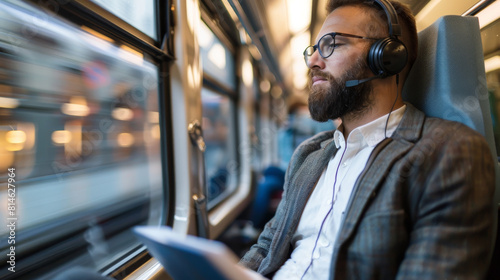 Man relaxing with music during train commute