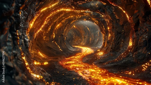 A network of underground volcanic tunnels  with natural glass walls and rivers of molten lava illuminating the path