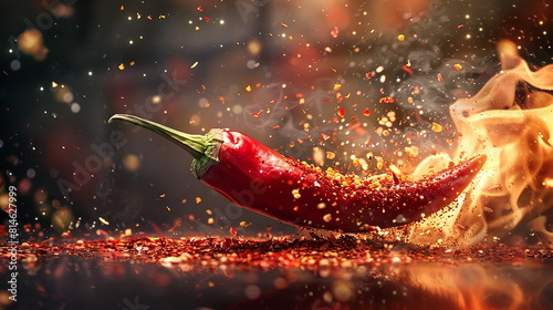 A red chili pepper is shown in mid-air with flames coming out of the back of it, and red chili pepper flakes scattered around it.