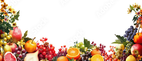 Various fruits and vegetables, such as apples, oranges, carrots, and tomatoes, arranged on a clean white background