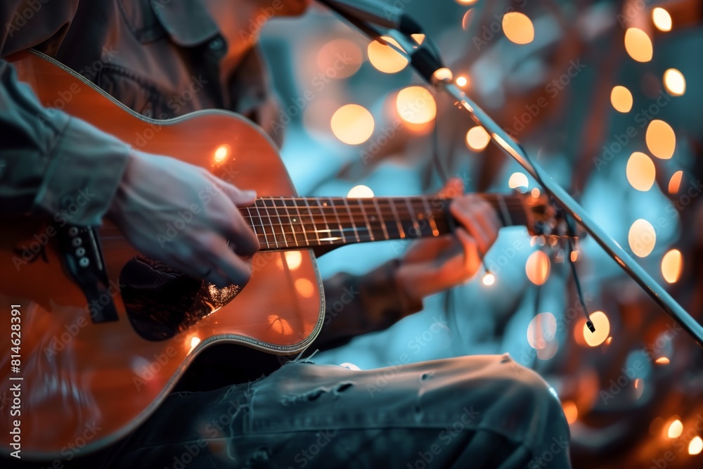 Obraz premium A man standing and playing an acoustic guitar under bright lights