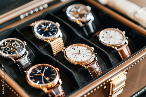 Multiple watches neatly organized in a leather case, showcasing a variety of styles and designs