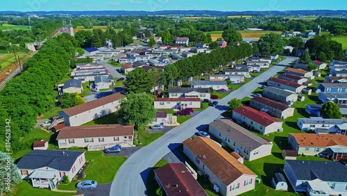 Aerial View of a Mobile, Manufactured, Prefab Home Park of Single Wide and Double Wide Houses photo