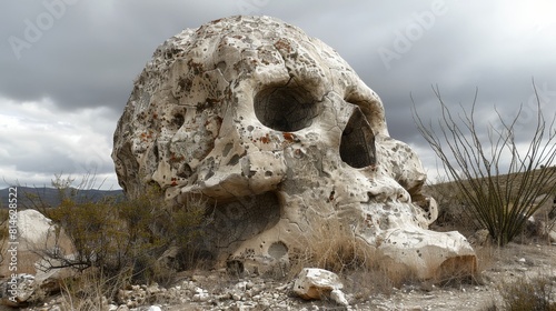 Giant Stone Skull in Desert Landscape 