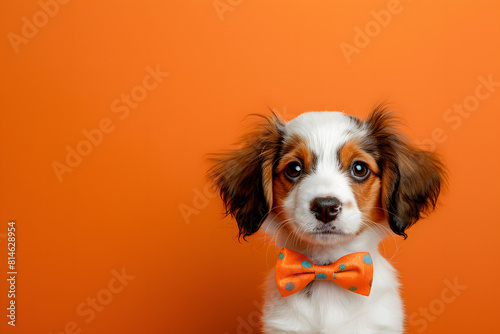 A whimsical photo of a cute puppy wearing a bow tie on a solid orange background photo