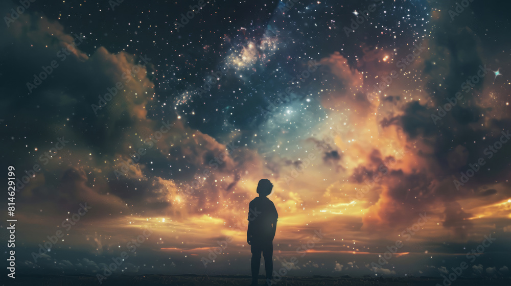 Silhouette of a person under a starry cosmic sky at dusk Silhouette of a person under a starry cosmic sky at dusk