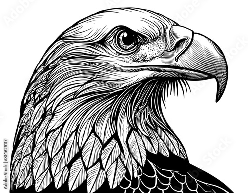 Aigle, profil, icone, dessin vectoriel, noir et blanc, gravure ancienne, fond blanc