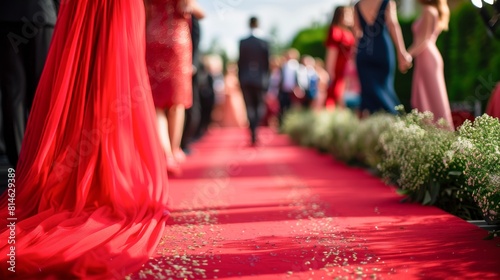 A group of individuals, elegantly dressed, walking down a vibrant red carpet at an event photo