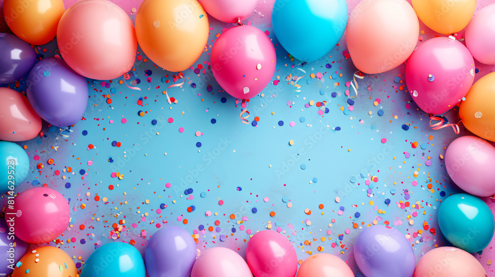 Cheerful pastel-hued background adorned with a jubilant display of birthday balloons, confetti, and generous space for adding text. Cheerful pastel-hued background adorned with a jubilant display of birthday balloons, confetti, and generous space for adding text.