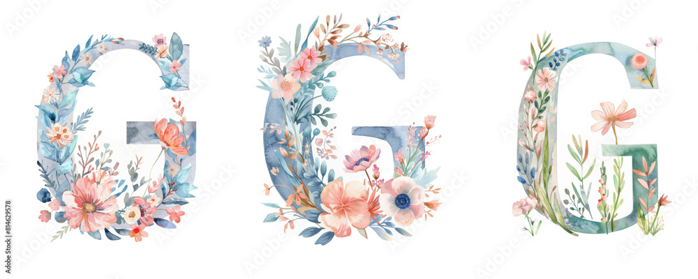 Obraz premium Ai Generated Art Watercolor Set of Multiple Different Pastel Capital G Letters With the Wild Flowers On a White Background