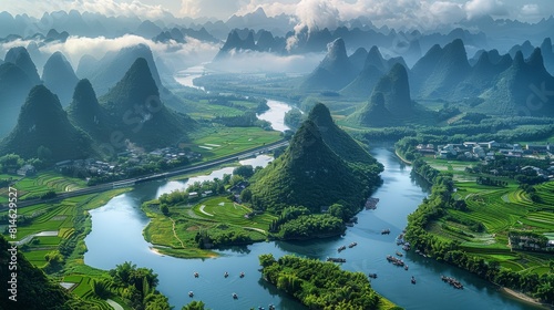 Guilin landscape, many mountains, rice fields, villages, mountains and rivers, oversized blue sky and white clouds, expressways. Aerial high view. Generative AI.
