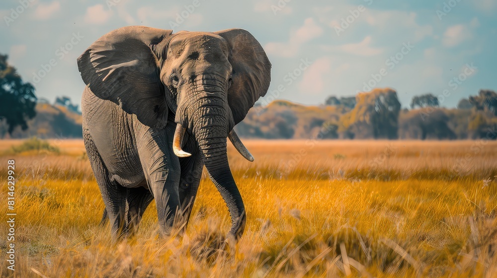 Naklejka premium A majestic African elephant ,its trunk swaying gently in the warm sunshine, creating a breathtaking 8K