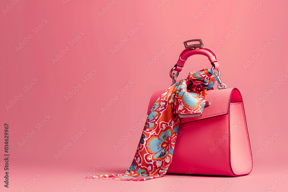 A high-quality image of a stylish handbag with a scarf on a solid pink background A high-quality image of a stylish handbag with a scarf on a solid pink background