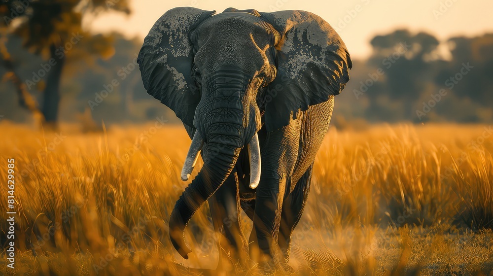 Naklejka premium A majestic African elephant ,its trunk swaying gently in the warm sunshine, creating a breathtaking 8K