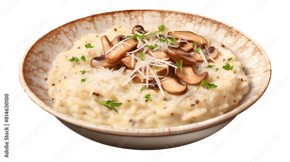 A creamy mushroom risotto with Parmesan shavings and a transparent background. A creamy mushroom risotto with Parmesan shavings and a transparent background.